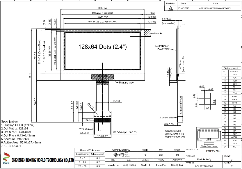 Mono 2.4&prime;&prime; OLED Display with 128*64 Resolution for Smart Watch